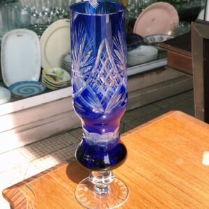 Magnífico Florero Cristal Tallado Azul