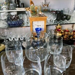 Juego de whisky – Hielera con 6 vasos de cristal con escena marítima metálica
