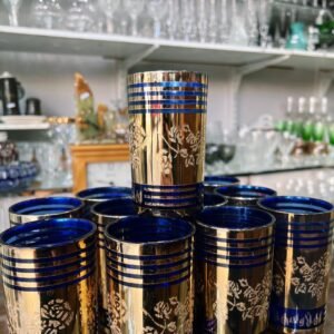 Juego de 12 vasos de vidrio azul con dorado de té o café turco