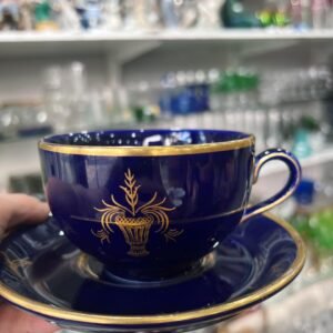 Dúo de té porcelana azul cobalto con oro ARABIA
