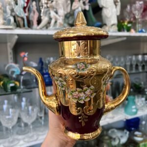 Cafetera o tetera de cristal veneciano murano rubí pintado a mano con oro