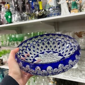 Centro de mesa o frutera de cristal súper tallado azul