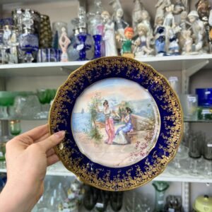 Plato porcelana francesa Limoges azul cobalto con oro