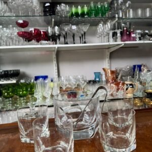 Set de hielera, pinza con 4 vasos para whisky de cristal