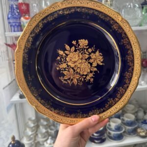 Plato porcelana LIMOGES con azul cobalto con oro