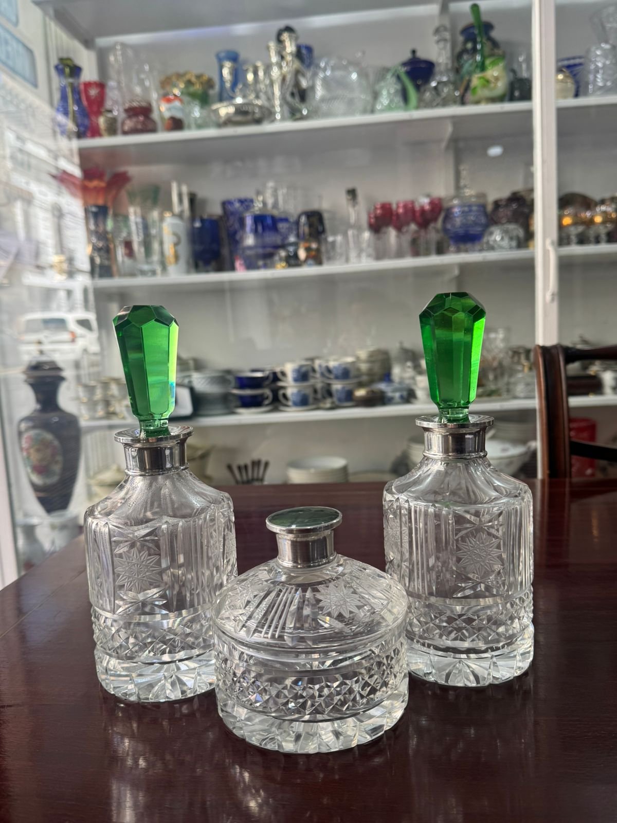 Set de perfumeros de cristal súper tallado europeo pico plata 925