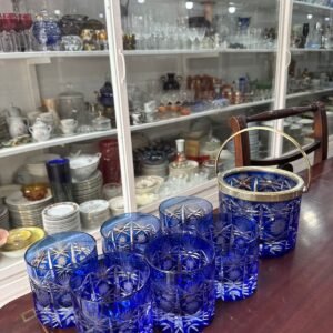Exquisito juego de whisky cristal súper tallado azul hielera con 6 vasos