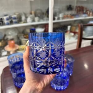 Exquisito juego de whisky cristal súper tallado azul hielera con 6 vasos
