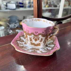 Dúo de té porcelana pintada a mano con oro