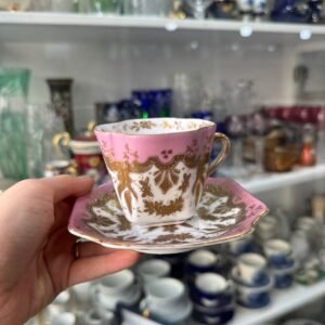 Dúo de té porcelana pintada a mano con oro