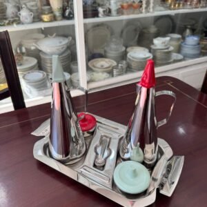 Set aceitera, vinagrera, salero y pimentero con fuente retro