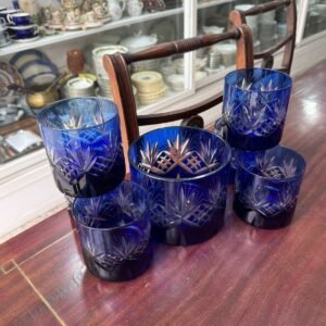 Hielera con 6 vasos de cristal súper tallado azul