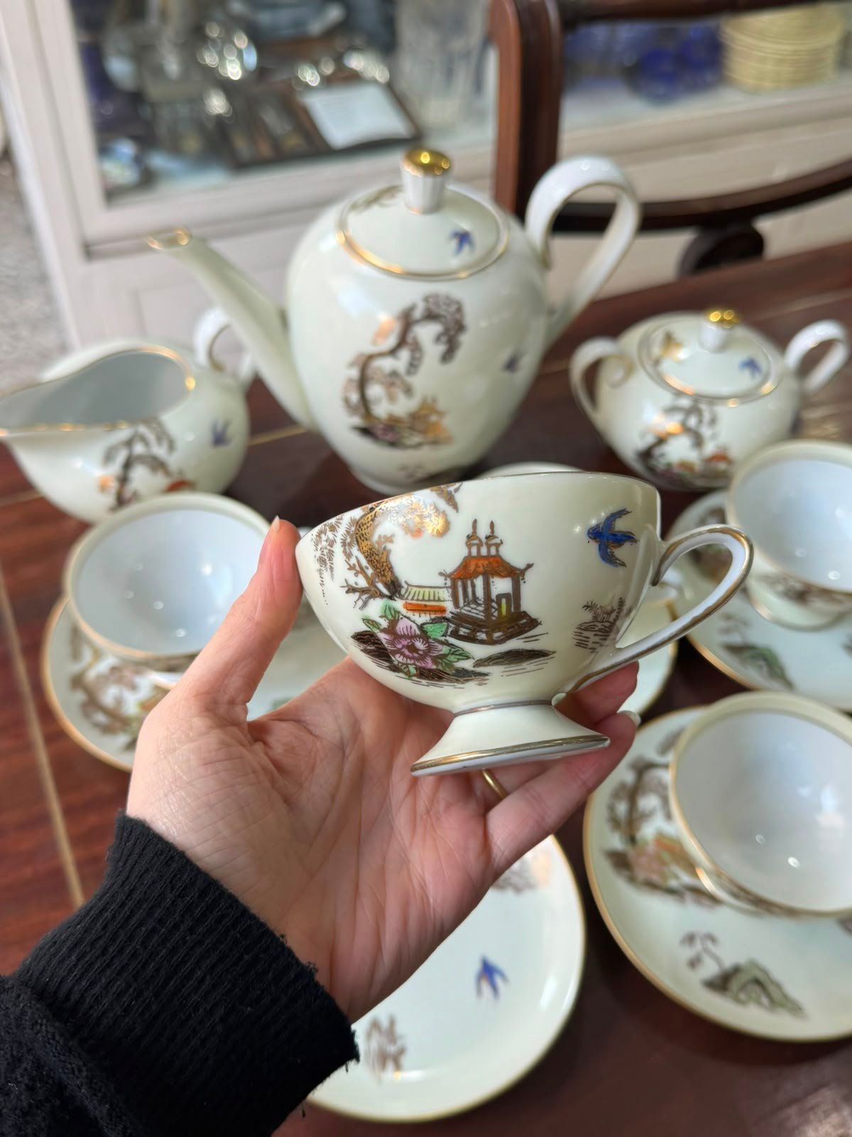 Juego de té porcelana tsuji diseño oriental pintado a mano con oro - Imagen 5