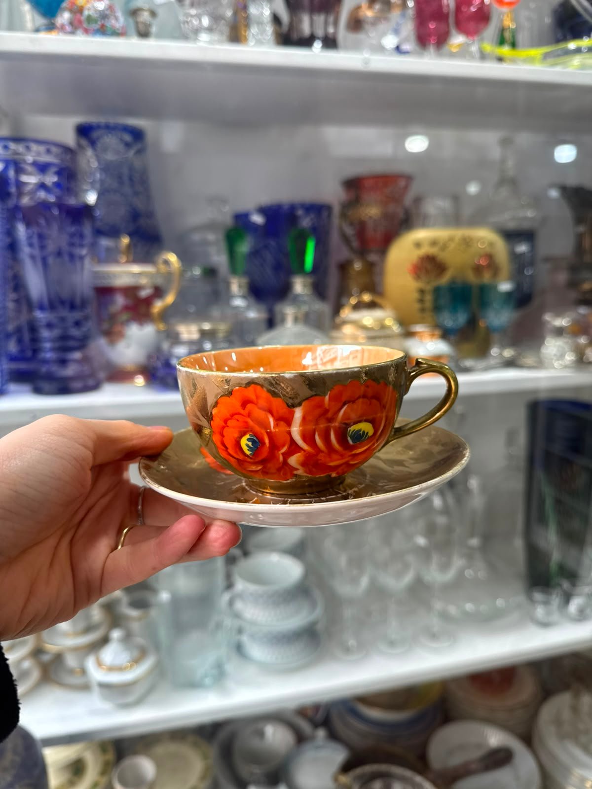Dúo de té porcelana japonesa pintada a mano con oro