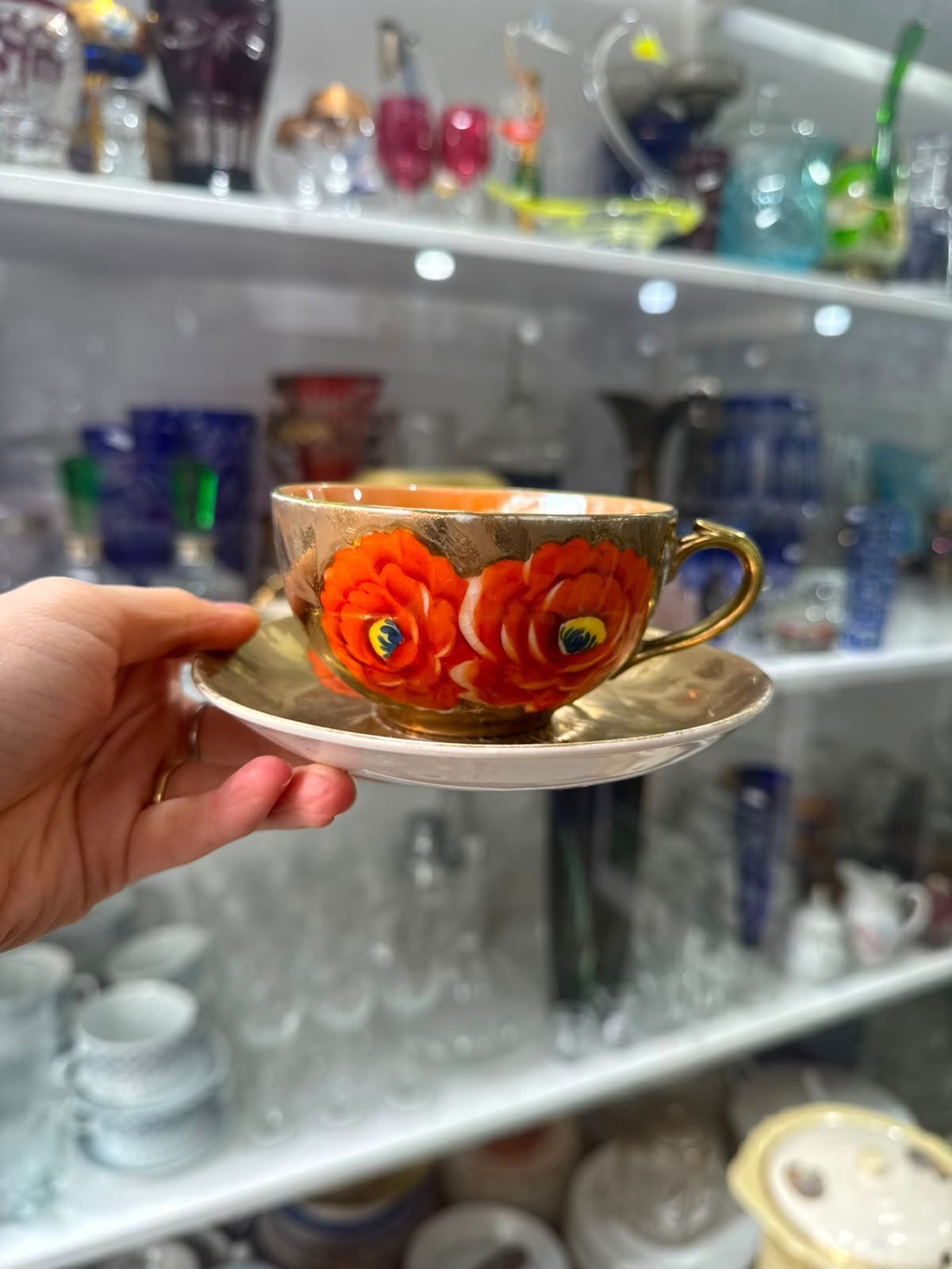 Dúo de té porcelana japonesa pintada a mano con oro - Imagen 2