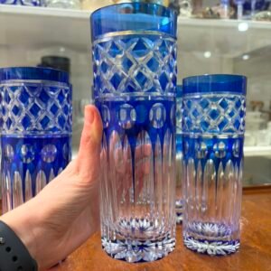Juego de 6 vasos altos de cristal súper tallado azul
