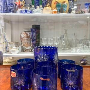 Hielera con 6 vasos de cristal súper tallado azul