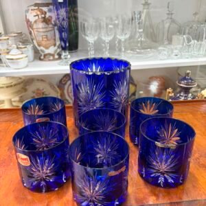 Hielera con 6 vasos de cristal súper tallado azul