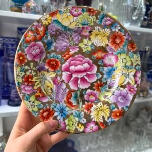 Plato porcelana oriental pintado a mano con oro