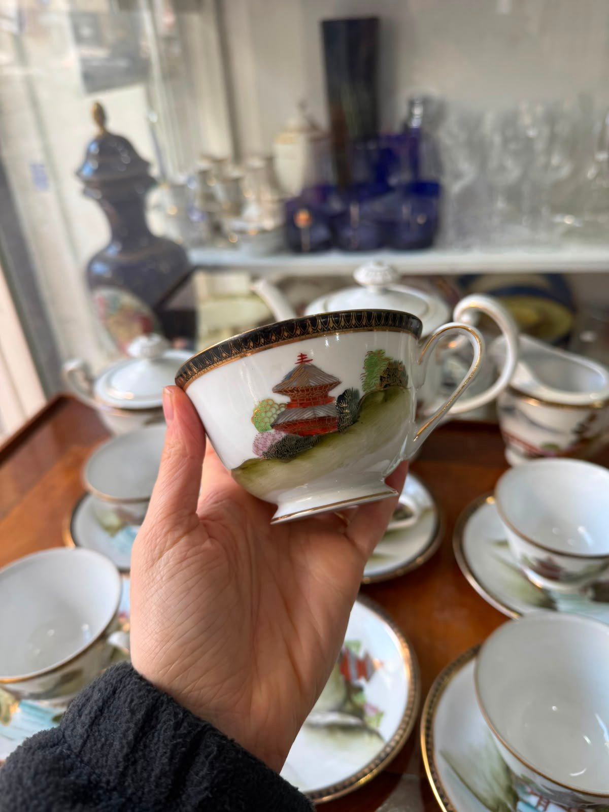Juego de té porcelana tsuji pintado a mano con oro estilo oriental - Imagen 9