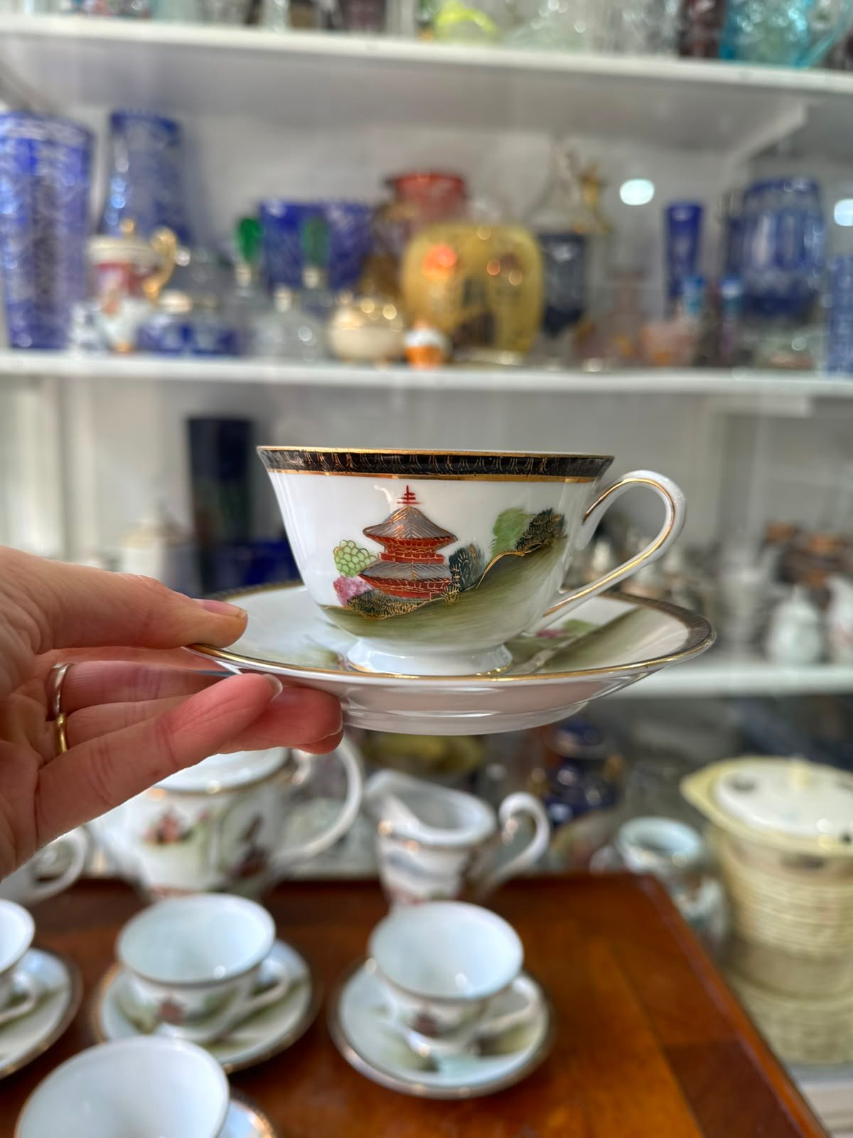 Juego de té porcelana tsuji pintado a mano con oro estilo oriental - Imagen 5