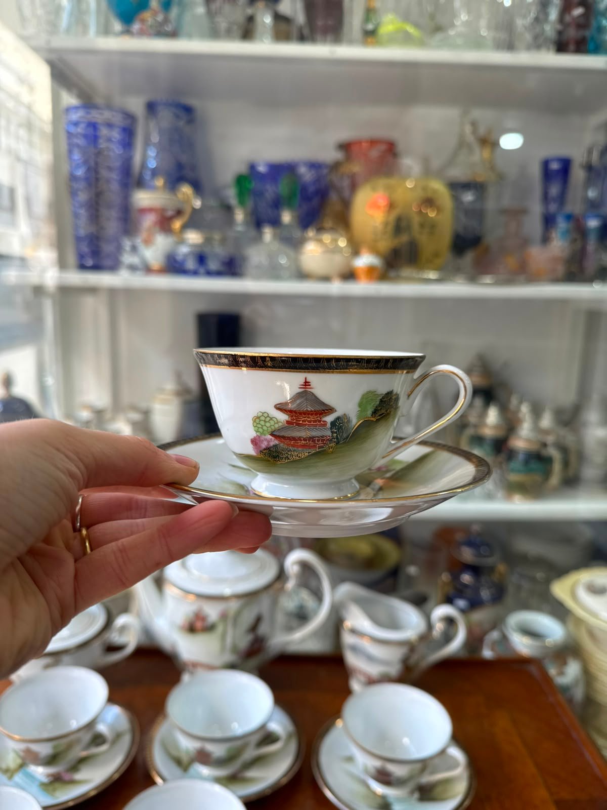 Juego de té porcelana tsuji pintado a mano con oro estilo oriental - Imagen 4
