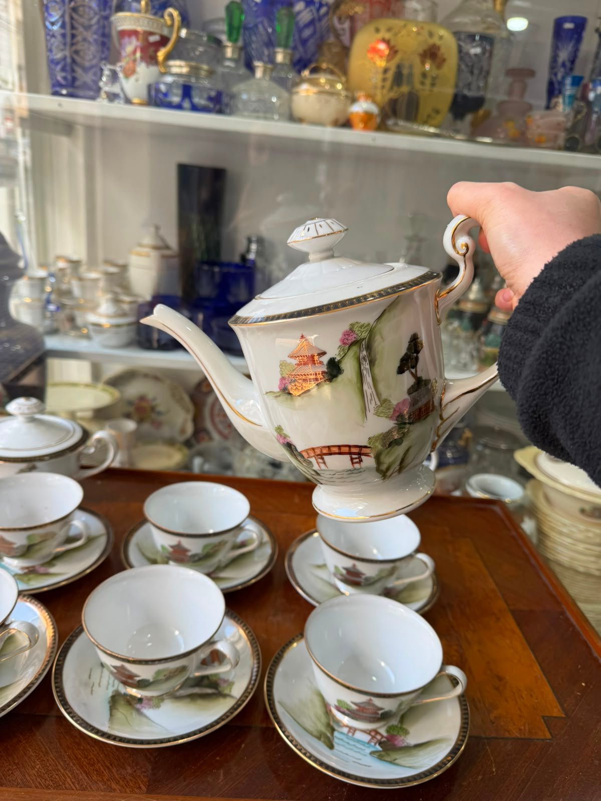 Juego de té porcelana tsuji pintado a mano con oro estilo oriental - Imagen 2