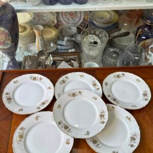 Juego de 6 platos de postre o de pan porcelana verbano pintado a mano con oro