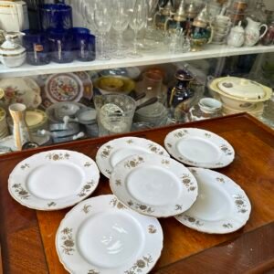 Juego de 6 platos de postre o de pan porcelana verbano pintado a mano con oro