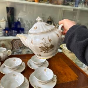 Juego de té porcelana verbano pintado a mano con oro para 6 personas