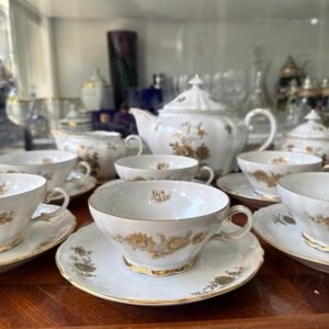 Juego de té porcelana verbano pintado a mano con oro para 6 personas
