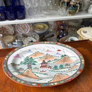 Fuente oval grande porcelana oriental pintada a mano con oro