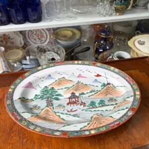 Fuente oval grande porcelana oriental pintada a mano con oro