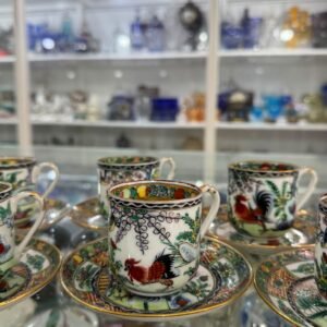 Juego de 6 dúos de café porcelana oriental pintado a mano con oro