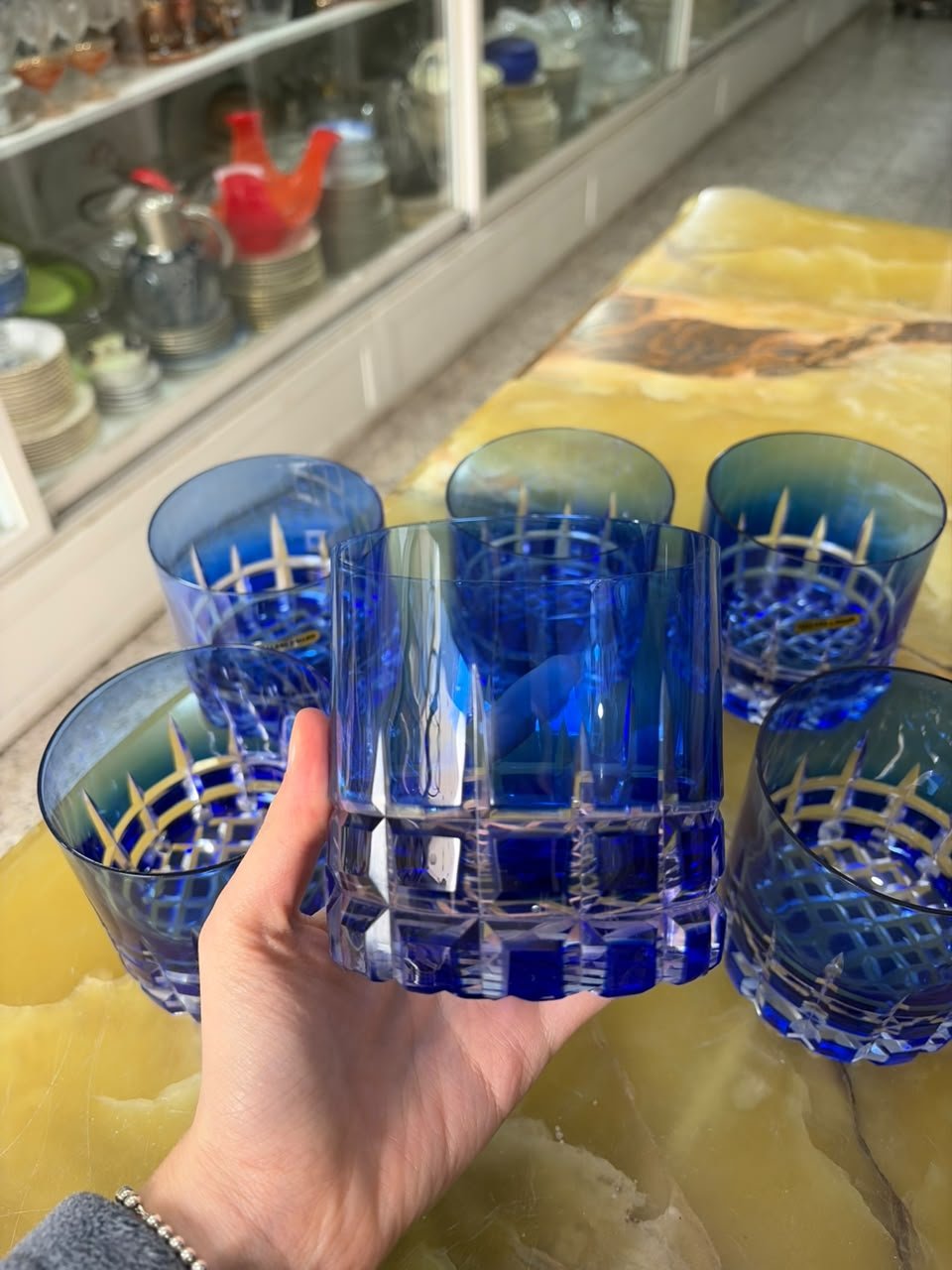 Juego de 6 vasos de whisky de cristal súper tallado azul